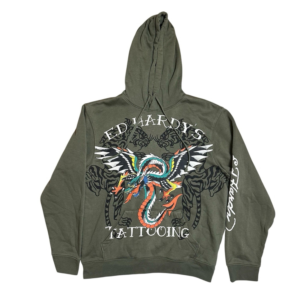 Ed Hardy Mens Olive Green Hoodie Medium Flying Dragon Traditional Tattoo Y2K